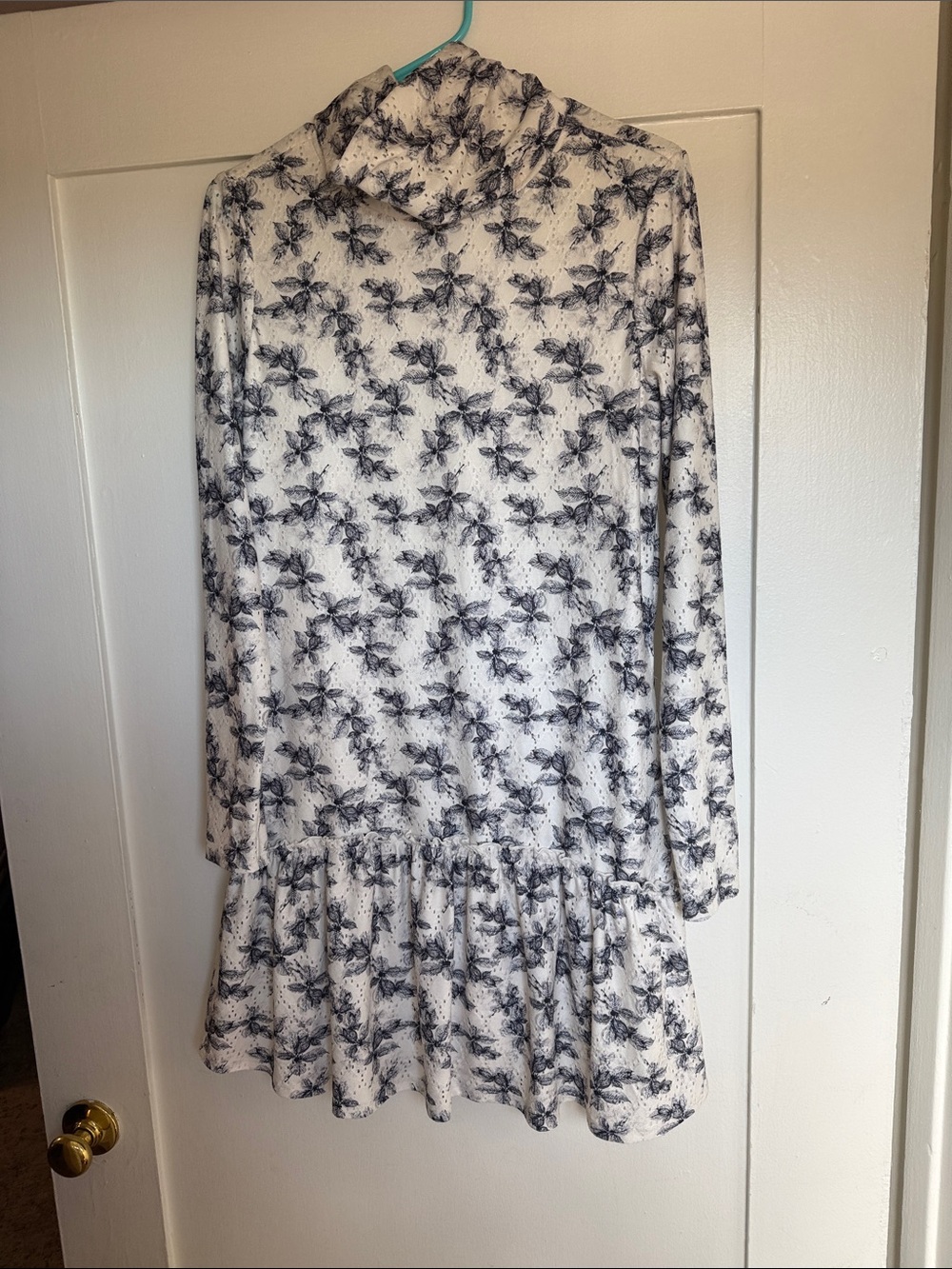 Doe & Rae Cream Turtleneck Long Sleeve Dress with Black Floral Print